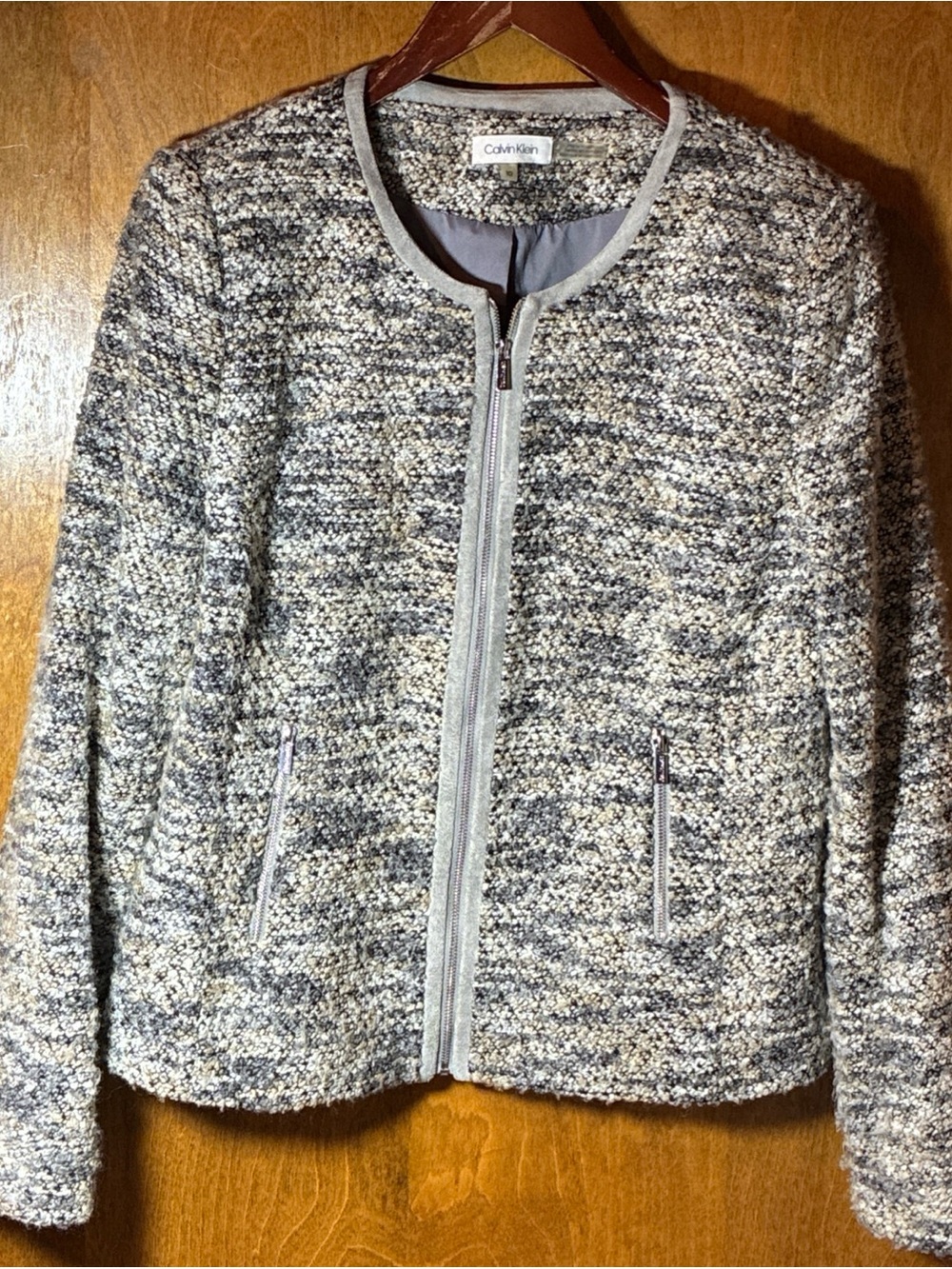 Calvin Klein Boucle Tweed Zip Blazer Jacket Sz 10 Gray Tan White Academia Preppy